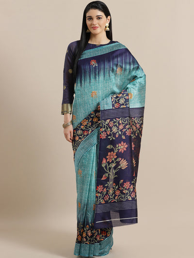 Chhabra 555 Teal French Silk printed Saree with Lotus and Floral Two Toned Digital Design