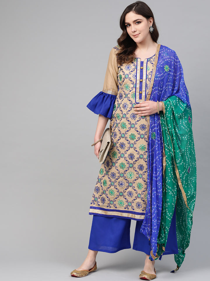 Chhabra 555 Made-to-Measure Kurta Set with Gota Patti and Resham Embroidery, Bell Sleeves and Bandhej ombre dupatta