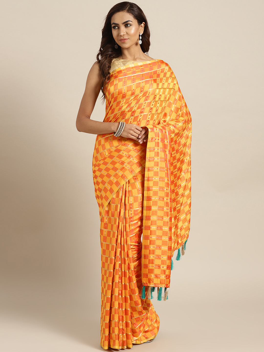 Chhabra 555 Yellow Peach Checkered Gharchola style Silk Saree with Peacock motif Embroidered Blouse