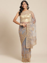 Chandni Grey Resham Embroidered Net Saree with Zari and Crystal Embellishments