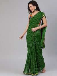 Green Tie And Dye Leheriya Georgette Saree with Gold Bead Work Tassels Border