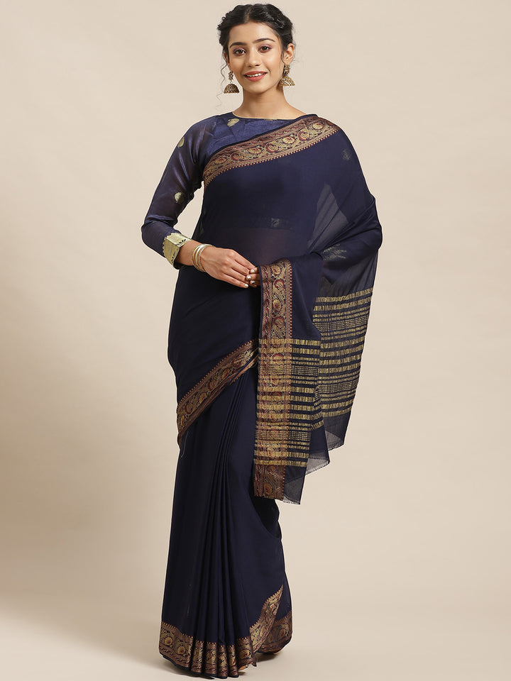 Banarasi Jamdani inspired Ethnic Saree with Floral Intricate border and Heavy Pallu