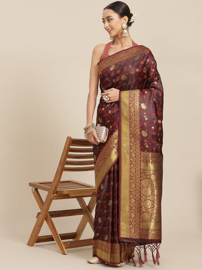 Chhabra 555 Maroon Oxidised Zari Self Woven Banarasi Jamdani Handloom Silk Saree & Floral Motifs 