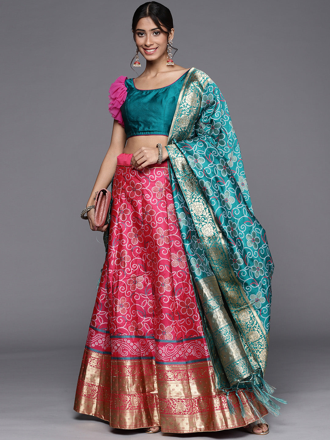 Chhabra 555 Semi-Stitched Bandhej Print Lehenga Choli on Banarasi Brocade with Zari & Resham Weaving