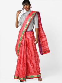 Pink & Green Cotton Silk Ikat Inspired Printed Saree with Banarasi Border