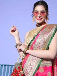 Chhabra 555 Coral Zari Kanjeevaram Silk Bridal Wedding Saree with Crystal Embellisments