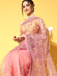 Chhabra 555 Pastel Pink Embellished Net Saree with Pleated Border & Resham Thread Embroidery