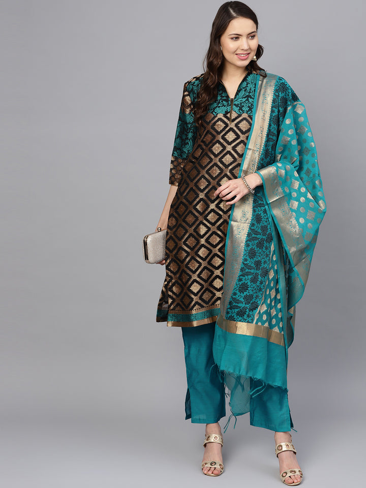 Chhabra 555 Black Banarasi Handloom Dress Material with Zari Resham Weaving and Tassled dupatta