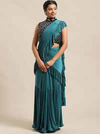 Ruffles Pre-Draped Lycra Saree with Frills and Cutdana Embroidery Velvet Blouse