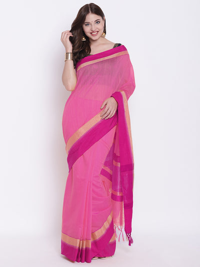 Chhabra 555 Pink Handloom Cotton Silk Saree with Contrast Gold Red Border and Tasseled edges