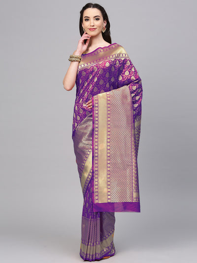 Chhabra 555 Purple Banarasi Silk Handloom, Hand Woven,Floral, Motifs Banarasi Zari Weav Border Saree  