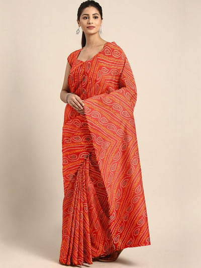 Chhabra 555 Red Jaipuri Tie & Dye Bandhej Printed Traditional Chiffon Saree