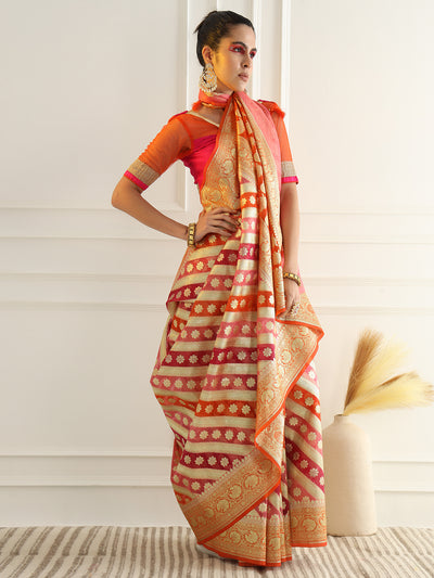 Chhabra 555 Multicolor Striped Organza Saree with Intricate Floral Zari motifs