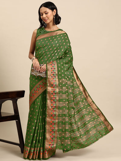 Chhabra 555 Green Resham & Zari Woven Embroidered Colorful Bordered Traditional Silk Blend Saree
