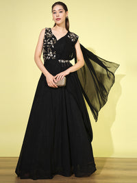 Chhabra 555 Made-to-Measure Zircon Embellished Flared Cocktail Gown with Attached Dupatta