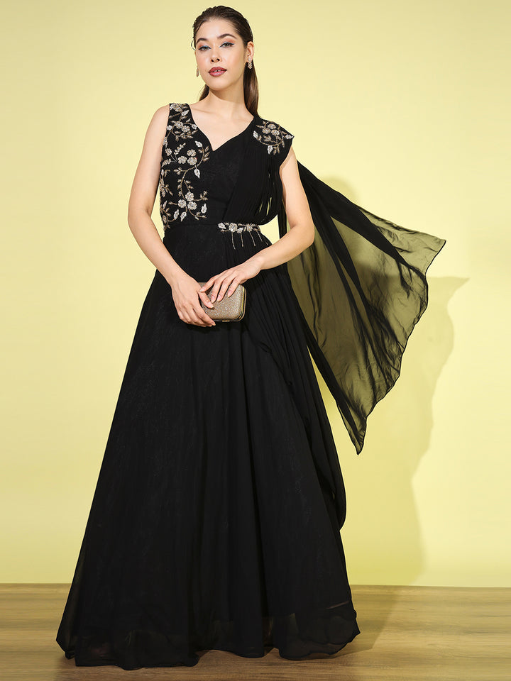 Chhabra 555 Made-to-Measure Zircon Embellished Flared Cocktail Gown with Attached Dupatta