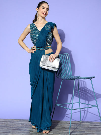 Chhabra 555 Made to Measure Teal Draped Cocktail Belted Saree With Mirror Work Embellished Blouse