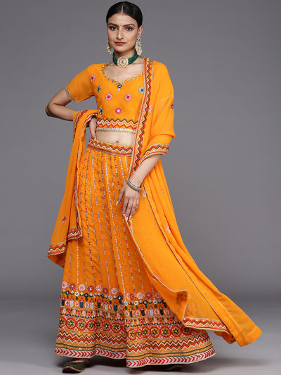 Chhabra 555 Semi Stitch Multi Color Thread & Mirror Embroidery Georgette Lehenga Set & Ethnic Motif