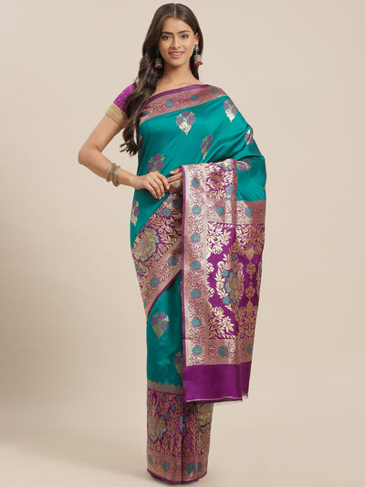 Chhabra 555 Teal Resham & Gold  Zari Woven Silk Traditional Saree With Floral & Ethnic Motifs 