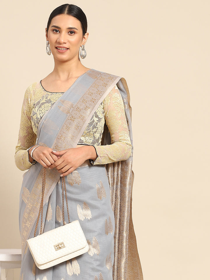 Chhabra 555 Grey Chanderi Cotton Gold Traditional Woven Saree with Ambi Motifs 
