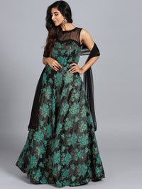 Black Teal Made to Measure Jacquard Gown with Silk Beads Embroidery and Net Dupatta