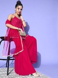 Chhabra 555 Magenta Sequin Embroidered Peplum Kurta Sharara Set & Straps, Pearl Tassels ,Gold Laces