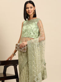 Chhabra 555 Olive Green Sequences Embellished Party Wear Net Summer Saree With lace Cutwork Border