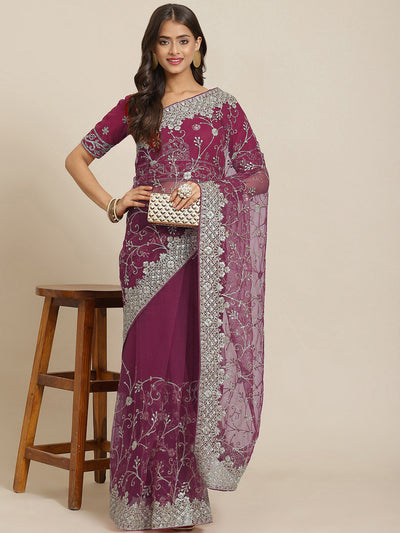 Chhabra 555 Purple Heavy Zari Embroidered Party Wear Net Saree