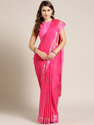 Chhabra 555 Pink Chiffon Hand-dyed saree with Mukaish embellished Satin Border and Radha Rani Motif