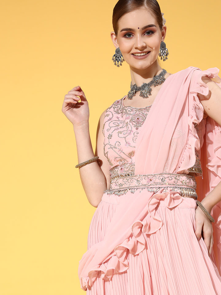 Chhabra 555 Pink Crystal Embellished Pleated Georgette belted Lehanga With Attached Ruffled Dupatta 