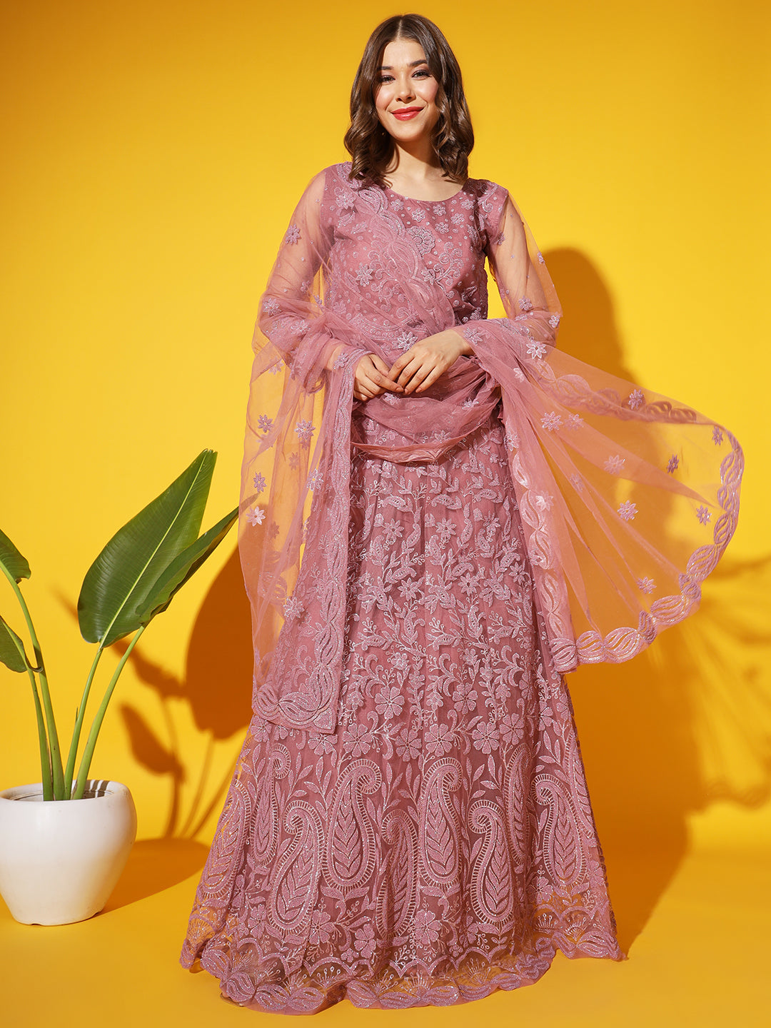 Chhabra 555 Paisley Pattern Net Lehenga Choli with Intricate Bead Embellishment & Scalloped Dupatta
