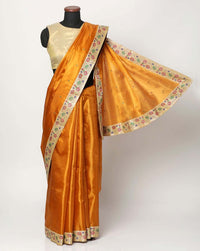 Banarasi Handloom Tussar Saree With Ethnic Floral Banarasi Border & Mirror Embellishments Attached Matching Blouse