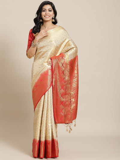 Chhabra 555 Cream Brocade Banarasi Golden Weaving Embellished Traditional Saree

Color: Cream

Type: Banarasi Sarees

Pattern: Woven Design

Pattern Type: Woven Design

Ornamentation: Zari

Border: Woven Design

Fabric: Art Silk

Saree length: 5.30 mtr., Width: 1.10 mtr, Blouse length: 0.80 mtr
Dry Clean only

The CAD image gives a detailed look of the actual blouse piece that comes with this saree. The blouse used by the model in the pictures is only for styling purpose.