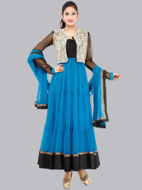 Blue Net Anarkali Kurta Set With Metallic Jacket