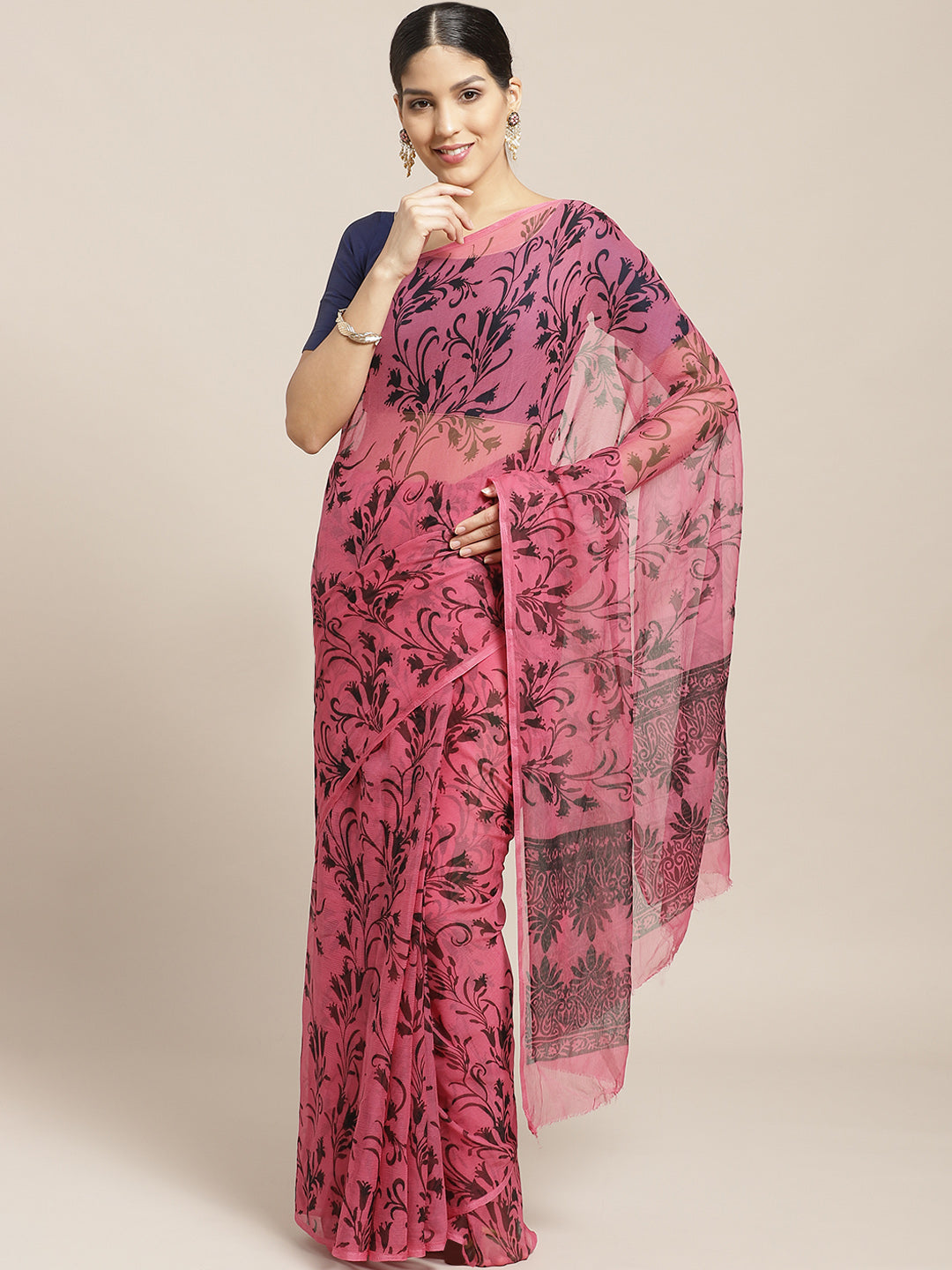 Fuchsia Chiffon Saree with Contemporary Floral Tulip Prints and ColorBlocking