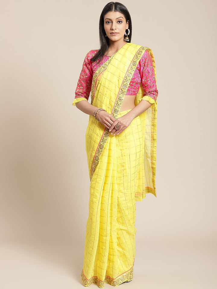 Bright Yellow Gharchola Saree With Gold Aari Border & Pink Kasab  Embroidery Blouse