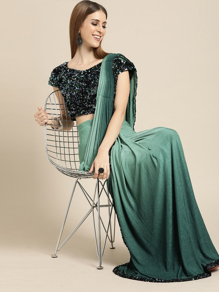Ruffled Pre-Stitched Ombre Saree with Frills and Black Sequin Blouse
