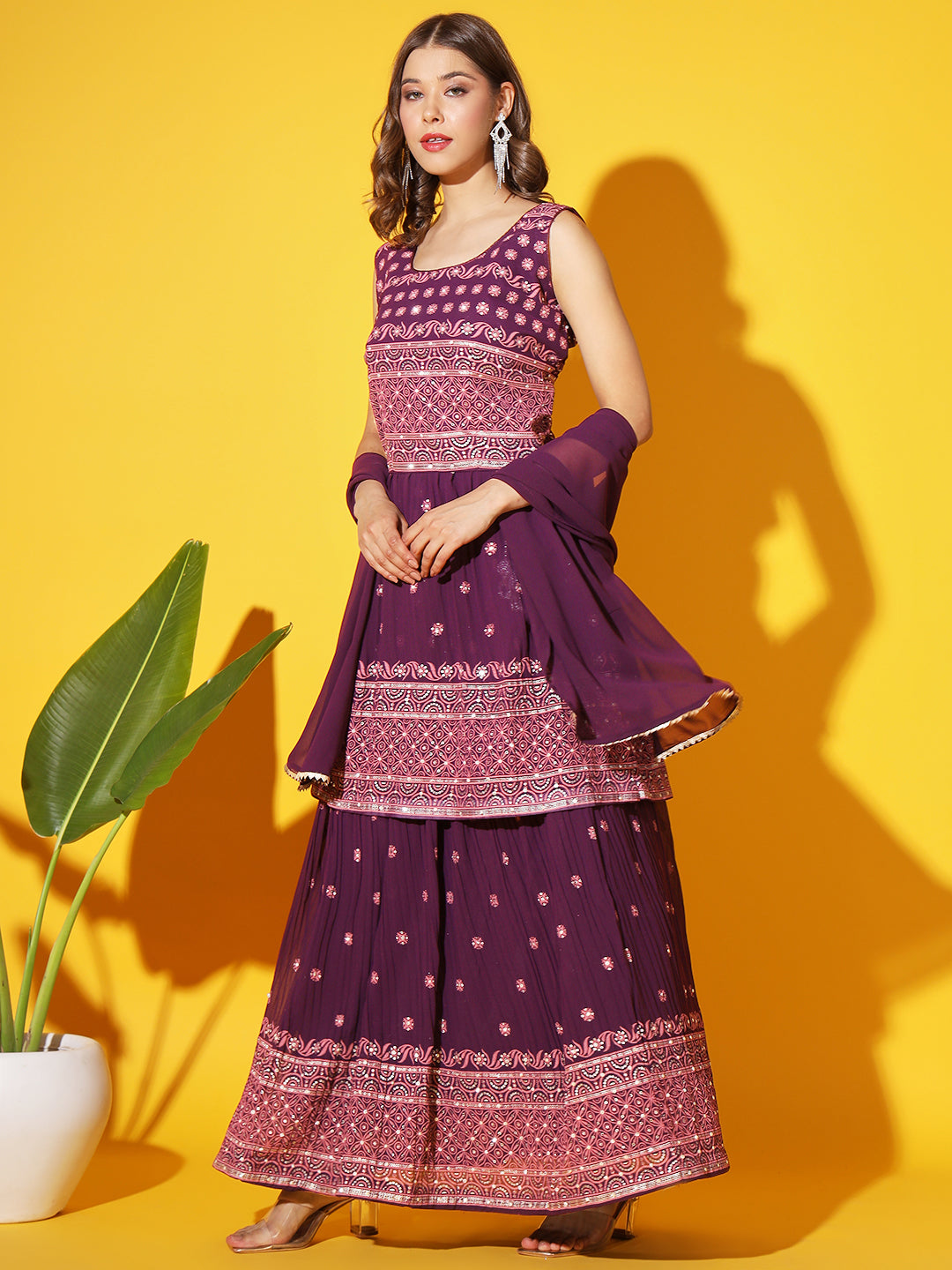 Chhabra 555 Made-to-Measure Purple Foil Print Peplum Kurti with Pleated Flared Gharara & Dupatta