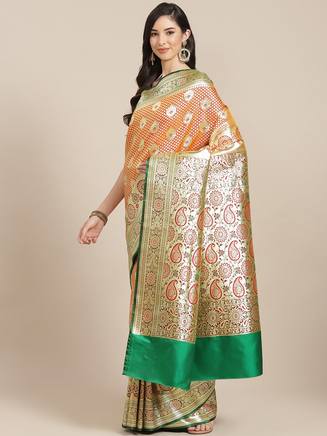 Chhabra 555 Orange Kanjiwaram Wedding Silk Saree With Ethnic Gold Zari Weaving Contrast Blouse