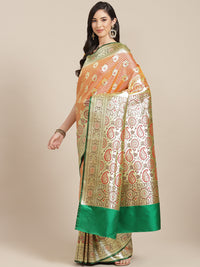 Chhabra 555 Orange Kanjiwaram Wedding Silk Saree With Ethnic Gold Zari Weaving Contrast Blouse