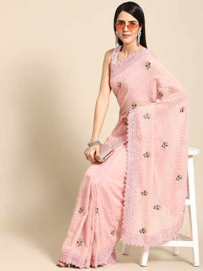 Chhabra 555 Floral Resham Embroidered Georgette Saree with Crystals & Resham Lace Embellishments
