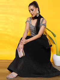 Chhabra 555 Tassled Embroidered Cold Shoulder Crop Top with Georgette Pleated Foil Print Lehenga