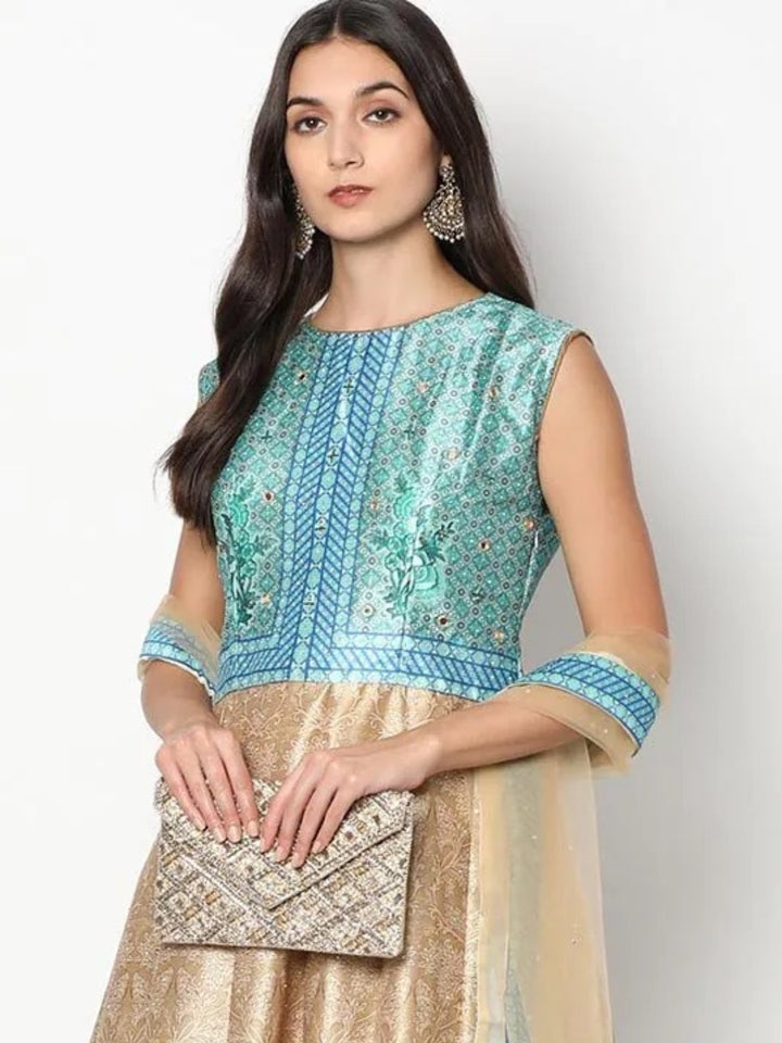 Chhabra 555 Made to Measure Ikat inspired Colorblocked Digital Print Gown With Net Dupatta
