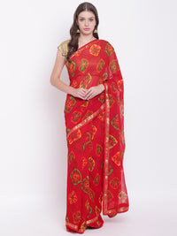 Chhabra 555 Red Georgette Leheriya saree with Quirky Colorful prints and woven border