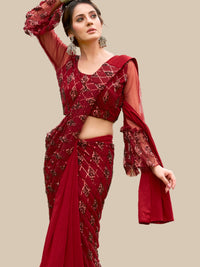 Chhabra 555 Pre-Draped Maroon Sequin Embellished Half & Half Saree with Flared Pleats
