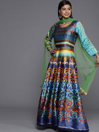 Made to Measure Blue & Green Anarkali Bohemian Printed Dress with Green Net Dupattta