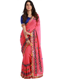 Pink Colored Georgette Embroidered Saree With Multi Colored Border.