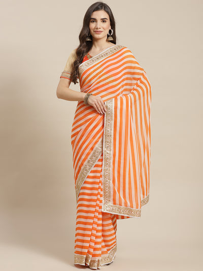 Chhabra 555 Orange Striped Leheriya Print Georgette Saree with Sequin Embroidery Border 

Color: White & Orange

Type: Leheriya Sarees

Pattern: Printed

Pattern Type: Striped

Ornamentation: Sequinned

Border: Embroidered

Fabric: Poly Georgette

Saree length: 5.50 mtr., Width: 1.10 mtr, Blouse length: 0.70 mtr
Dry Clean Only

The CAD image gives a detailed look of the actual blouse piece that comes with this saree. The blouse used by the model in the pictures is only for styling purpose.