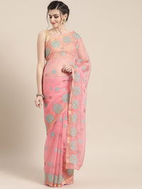 Chhabra 555 Organza Saree with Zari Satin border, Kasab Multicolor Embroidery and crystals