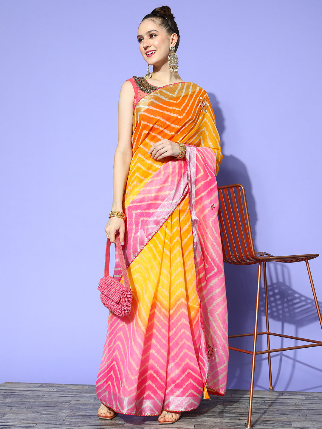 Chhabra 555 Pink Ombre Chevron Print & Floral Cutdana Embellished Saree With Gotta Lace & Tassels 